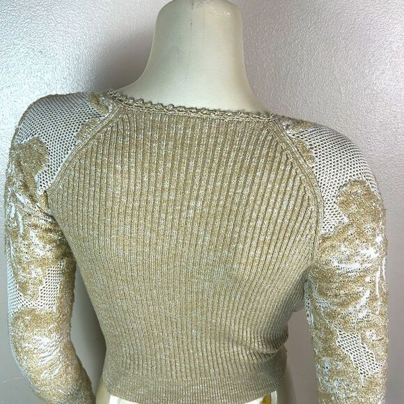 Anthropologie Sweater Lace Sleeves Faux Wrap Beige Boho Romantic small - Picture 5 of 10